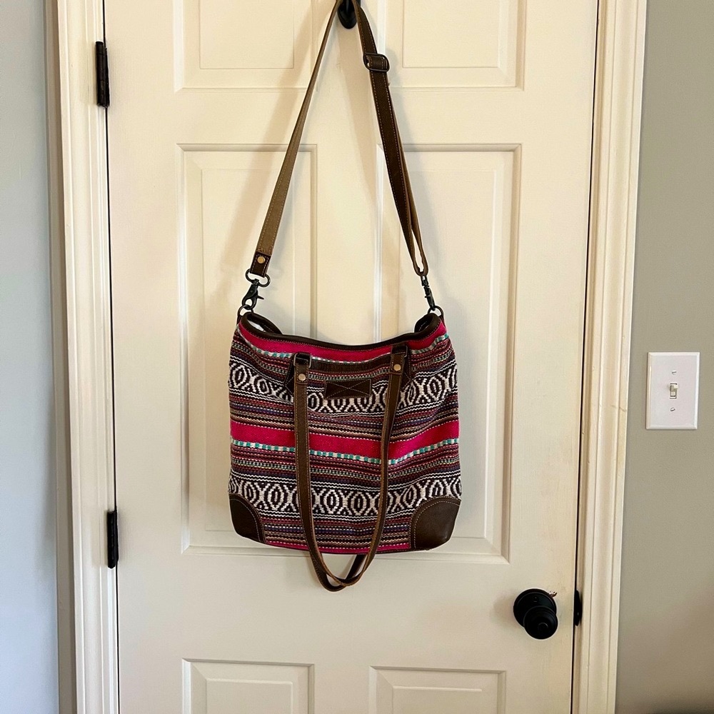 Myra Bag Pink Patterned Hobo with Brown Leather Accents